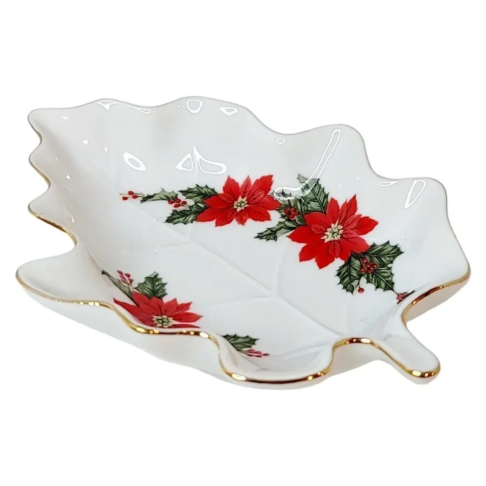 Vintage 1987 Lefton‎ Christmas Poinsettias & Holly Candy Nut Trinket Dish JAPAN